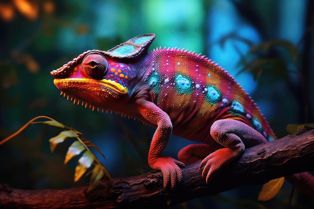 Colorful chameleon on a branch in the forest Close up of bright chameleon on the branch on dark background Ai generated