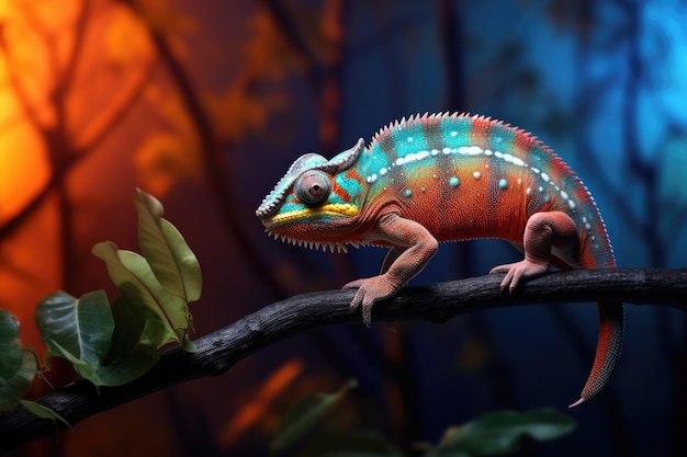 Colorful chameleon on a branch in the forest Close up Colorful chameleon on a branch over blurred nature background AI Generated