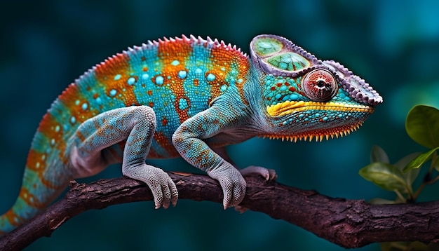 A colorful chameleon on a branch.