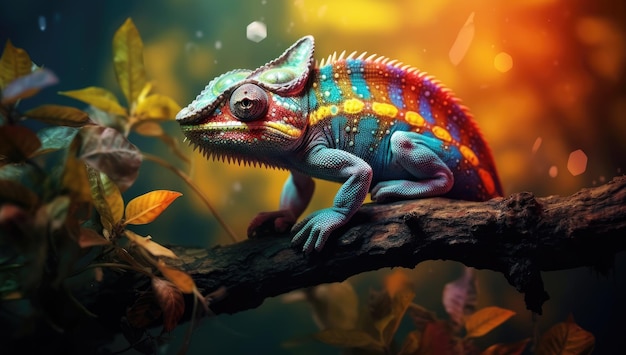 Colorful chameleon is sitting on a branch