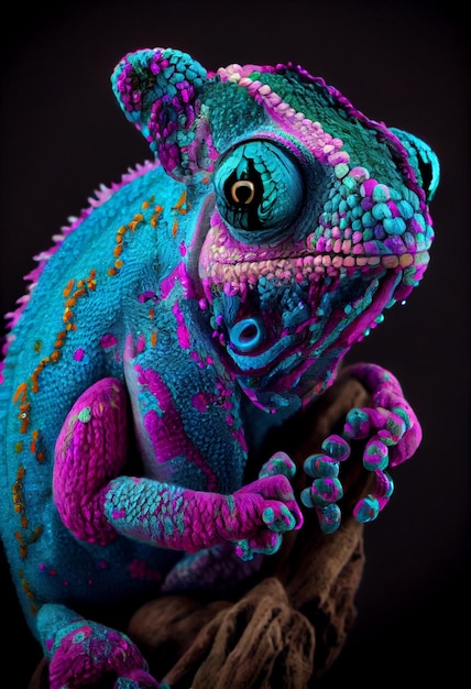 A colorful chameleon is sitting on a branch.