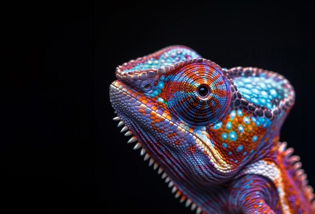 Colorful chameleon isolated on empty dark background