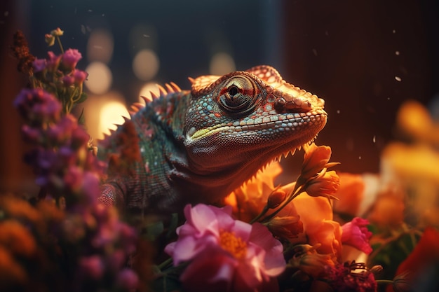 Colorful chameleon resting among vibrant flowers