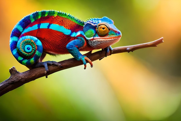 A colorful chameleon sits on a branch.