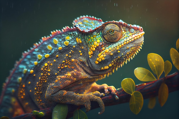 A colorful chameleon sits on a branch