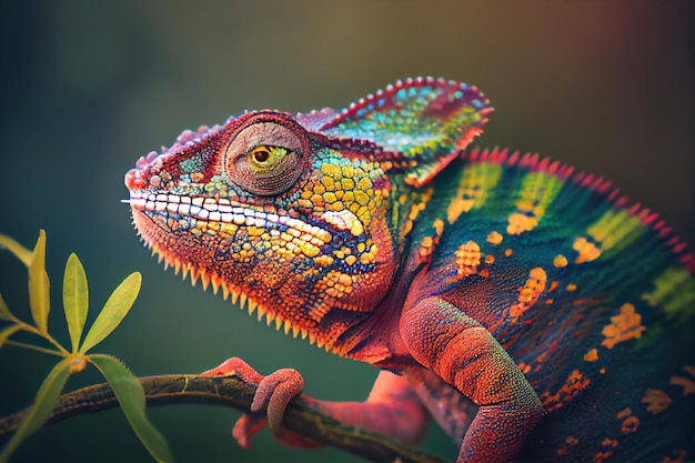 A colorful chameleon sits on a branch