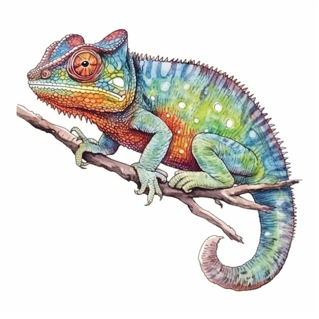 A colorful chameleon sits on a branch.