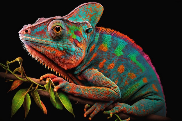 A colorful chameleon sits on a branch.