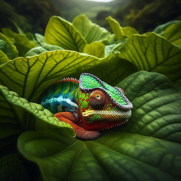 Foto un camaleonte colorato si siede su una foglia con il sole che splende attraverso le foglie