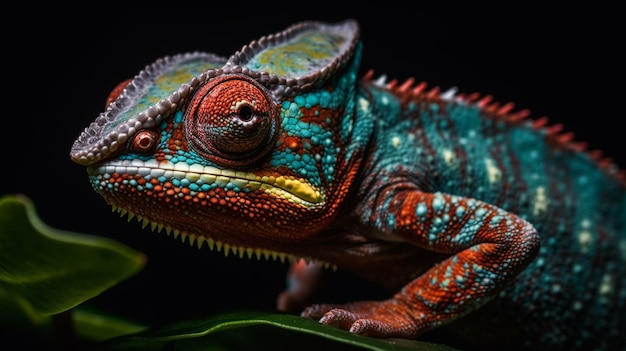 A colorful chameleon sits on a leaf.