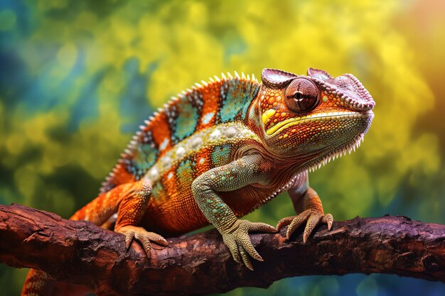 a colorful chameleon sitting on a branch in a forest