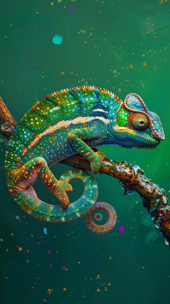 Photo colorful chameleon sitting on branch