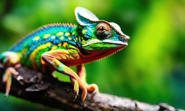 Photo colorful chameleon on the tree in the forest close up ai generative