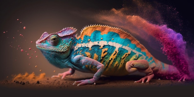 A colorful chameleon with a blue and green head and blue stripes.