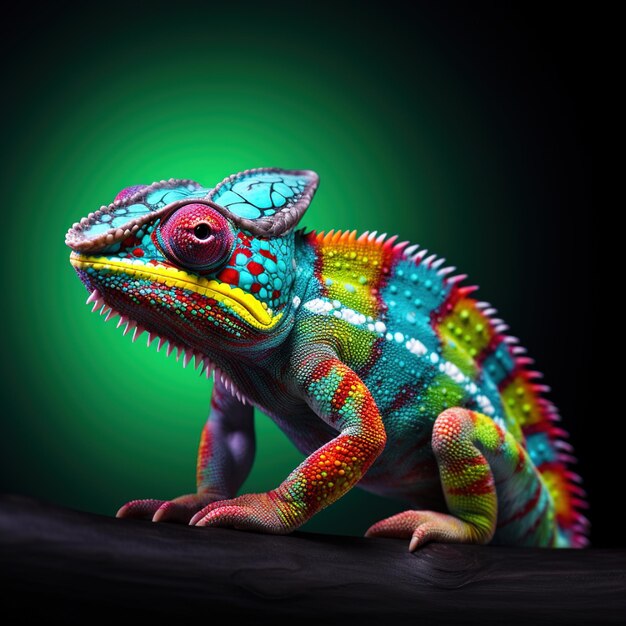 A colorful chameleon with colorful markings on his face