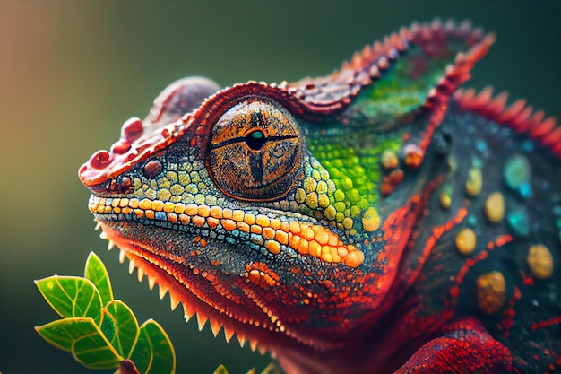 A colorful chameleon with a green head and a red head