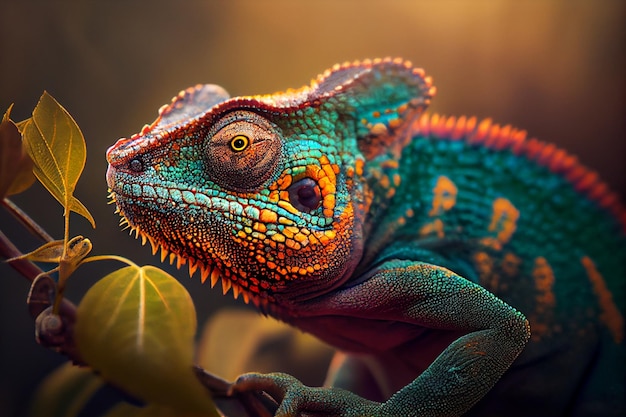 A colorful chameleon with a green and orange mane sits on a branch