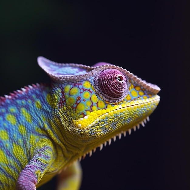 A colorful chameleon with a large eye and a large red eye.