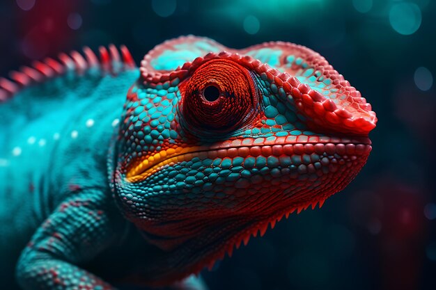 a colorful chameleon with a red and orange face.