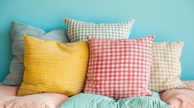 Colorful checkered and textured pillows on teal bedroom wall