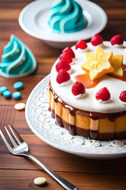 colorful cheese cake with fruity topping on the wood table