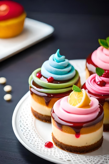 colorful cheese cake with fruity topping on the wood table