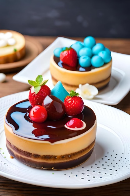 colorful cheese cake with fruity topping on the wood table