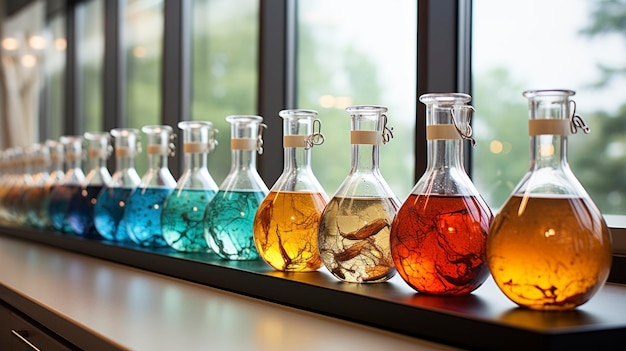 Colorful chemical reaction of titration in a laboratory