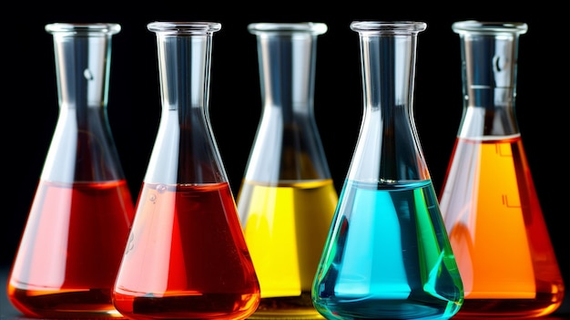 Colorful Chemical Solutions in Laboratory Flasks