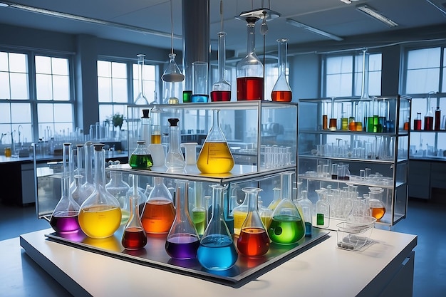 사진 유리 용기 와 컵 에 용액 을 넣은 다채로운 화학 실험실