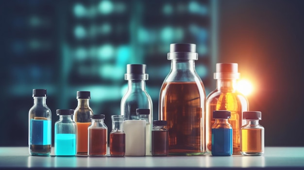 Photo colorful chemistry a spectrum of liquids in linedup bottles generativeai