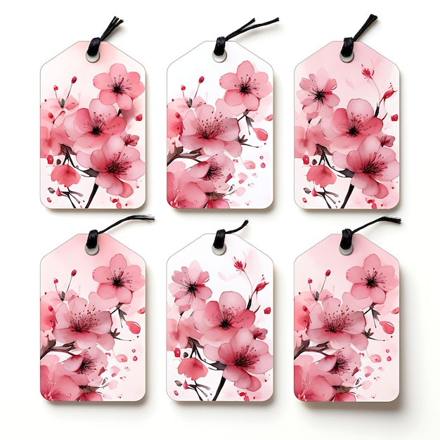 Photo colorful of cherry blossom shop tag card glossy pink cardstock tag card sketch watercolor style