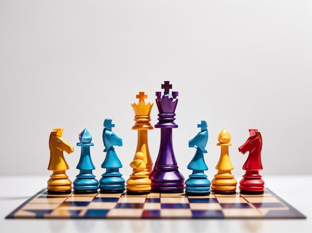 a colorful chess board with a horse figure on the top