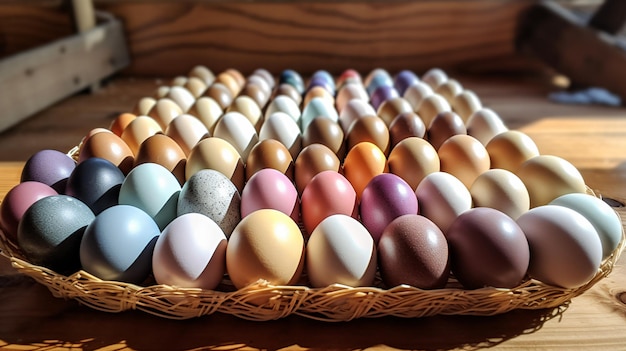 Colorful chicken eggs on a wooden table in the chick