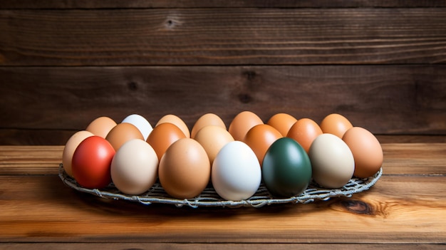 Colorful chicken eggs on a wooden table in the chick