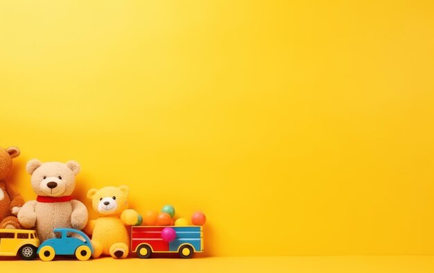 Photo colorful childhood toys on yellow background