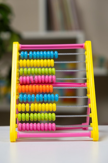 Colorful children's abacus on the table Mathematics arithmetic for preschool and school children learning to count