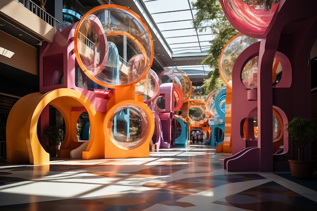 Красочная детская игровая площадка в торговом центре Медельин в дневное время с естественным освещением