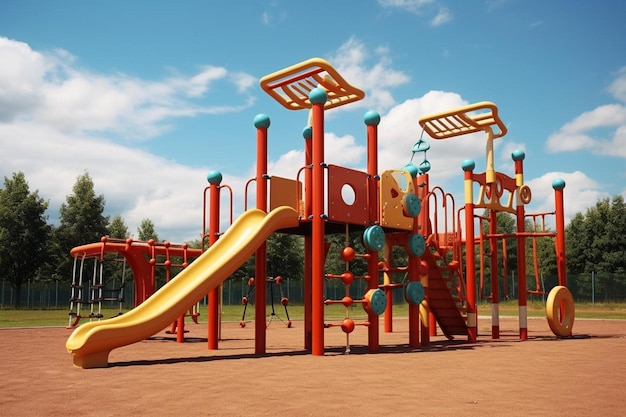 a colorful children's playground with a slide and the word " play " on the bottom.