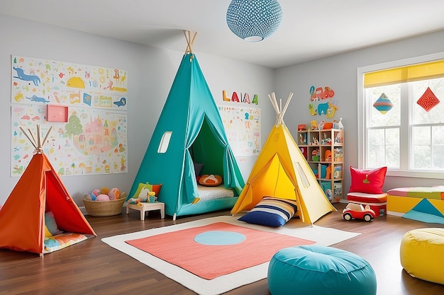 Colorful children's playroom with a play tent bean bags and interactive wall decals