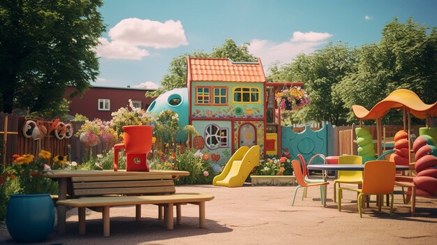 Colorful childrens playground with slides and playhouses on a sunny day