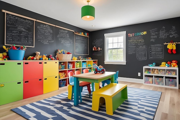 Photo colorful childrens playroom with a chalkboard wall and toy storage bins