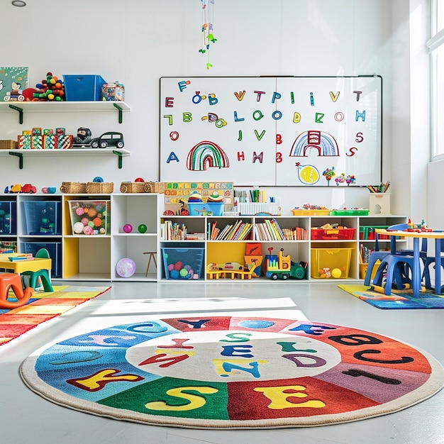 a colorful childrens playroom with a colorful circle on the floor
