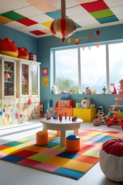 Sala giochi per bambini colorata con giocattoli e oggetti d'arte creati con l'ai generativa