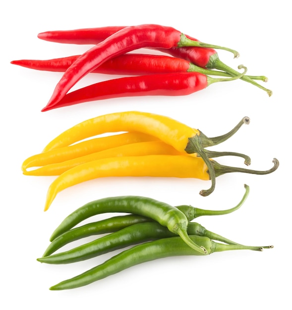 Colorful chili peppers isolated on white background