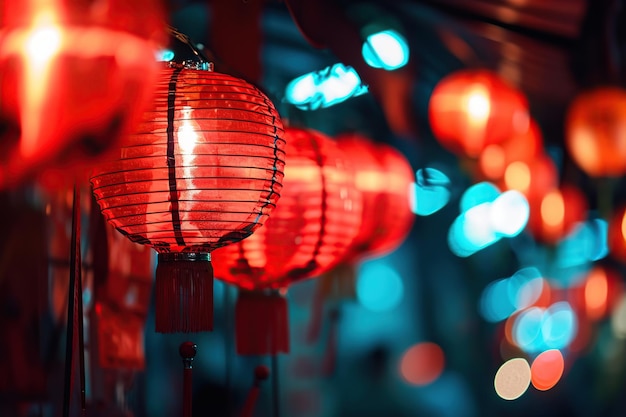 Colorful chinese lanterns with bokeh lights background at night