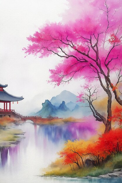 Colorful Chinese portrait Wallpaper Illustration Background Watercolor