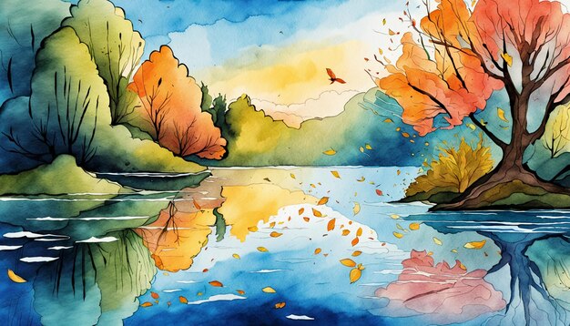 Photo colorful chinese watercolor ink oil painting style mountain lake tree grass sky clouds