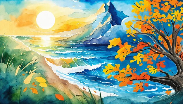 Colorful chinese watercolor ink oil painting style mountain lake tree grass sky clouds