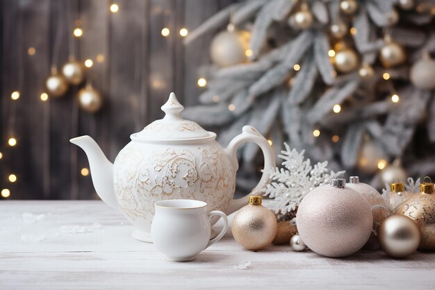 Colorful Christmas Background with Teapot and Decorated Christmas Tree Created with Generative AI To